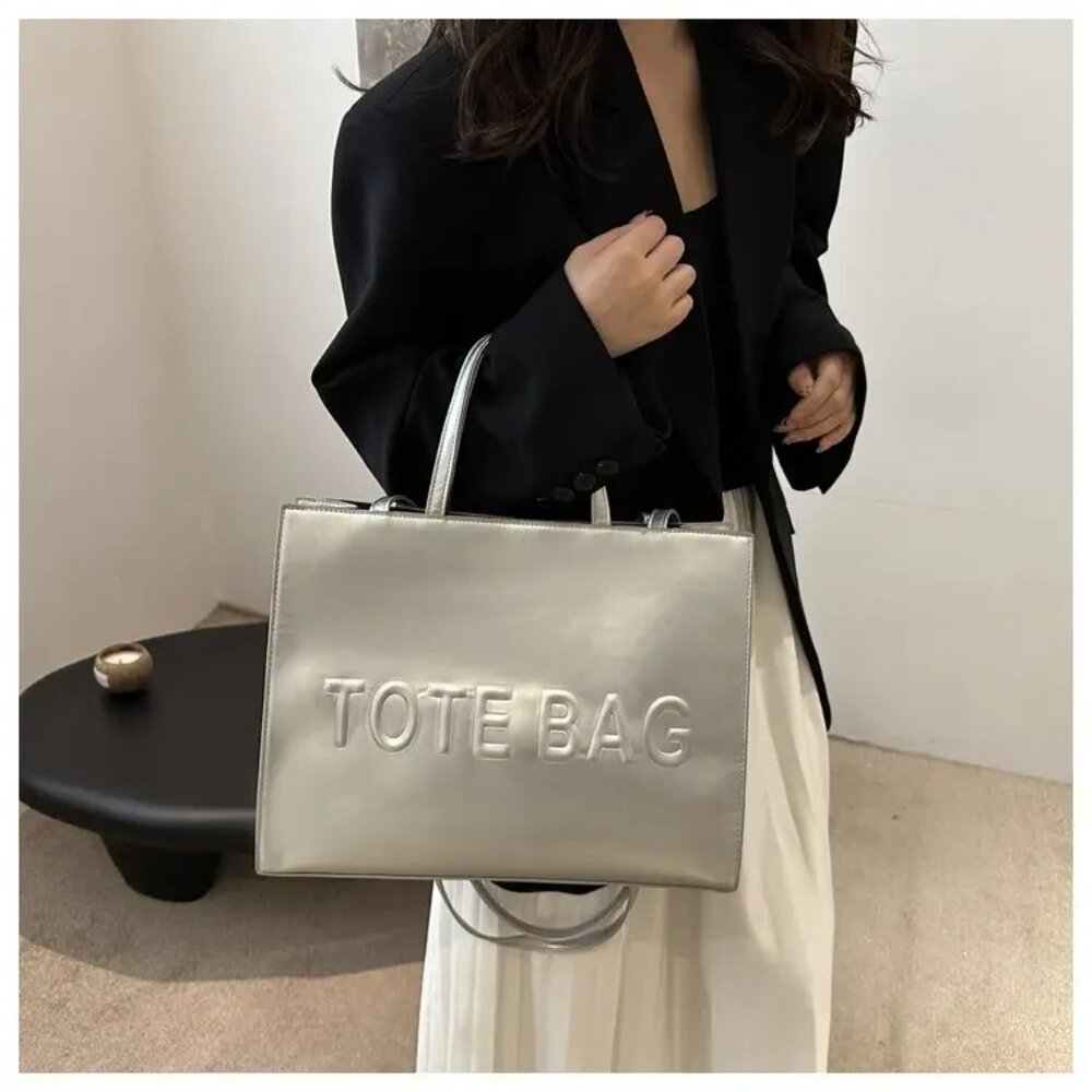 Stylish Silver Embossed TOTE BAG Handbag - Vegan Leather Shoulder Bag for Women - Picture 3 of 7